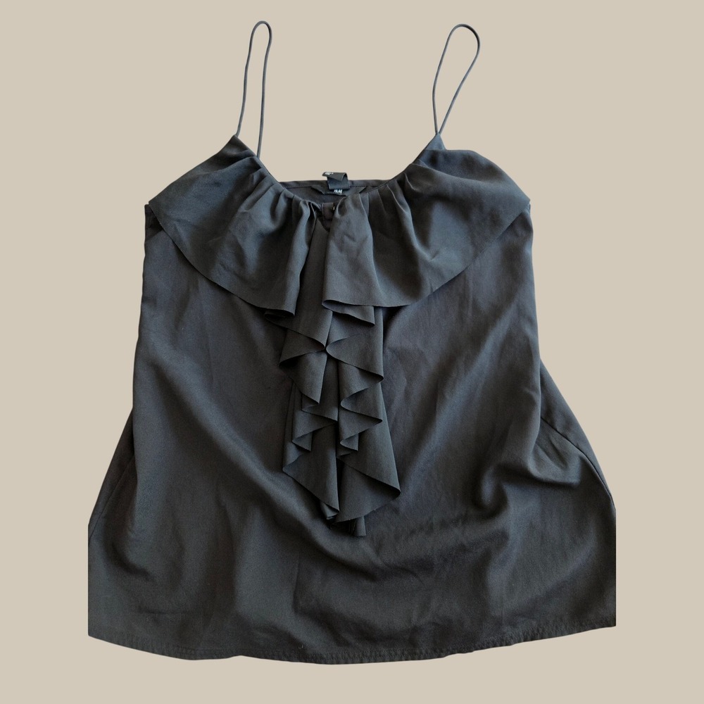 HM Black Ruffle Front Cami Spaghetti Strap Top Sleeveless‎ Blouse US 8